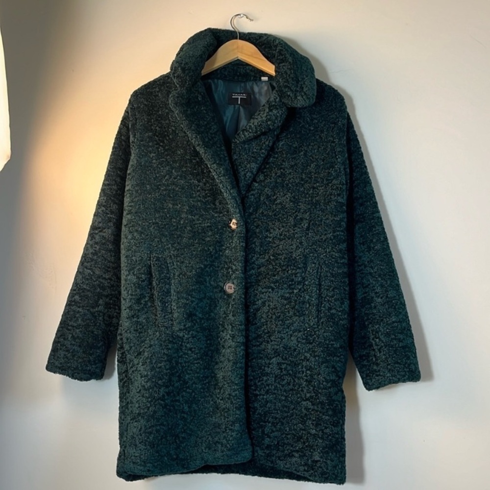 Tahari Dark Green Faux Fur Shearling Teddy Coat